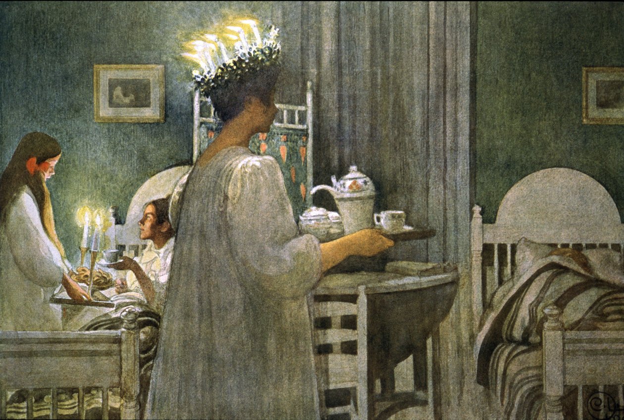 ung flicka med ljuskrona på håret under Saint Lucy-dagen, Illustration 1916 av Carl Larsson
