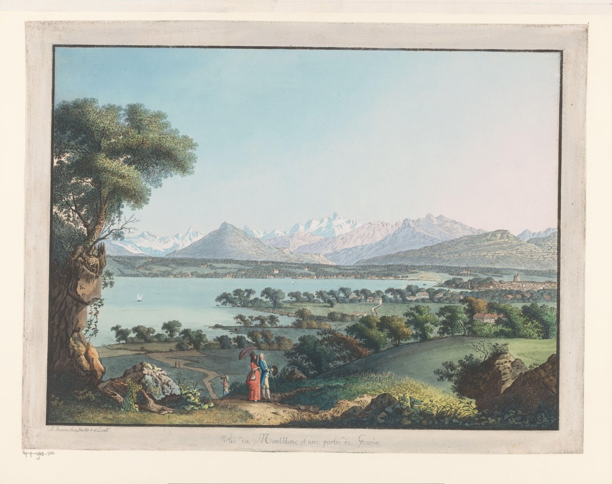 Utsikt över Genève med Mont-Blanc i bakgrunden Utsikt över Mont-Blanc och en del av Genève (titel på objekt) av Carl Ludwig Hackert