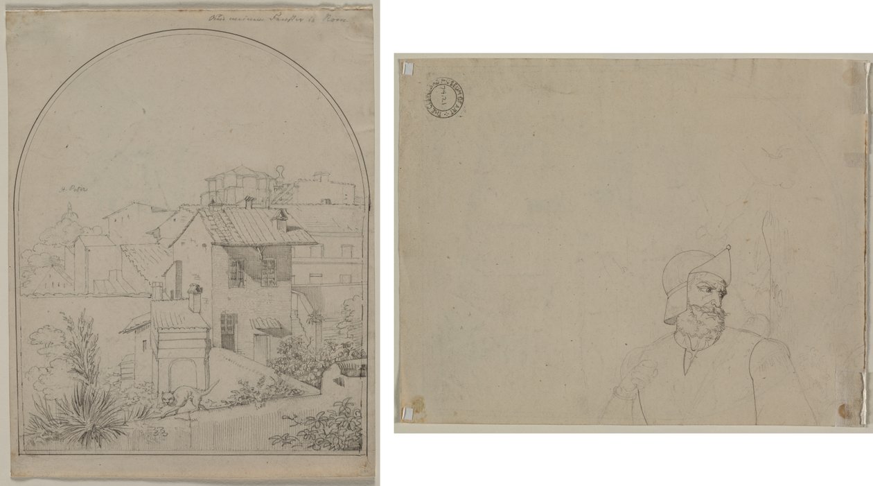 Utsikt från mitt fönster i Rom (recto) Soldat i ett landskap (verso) av Carl Ludwig Tischbein