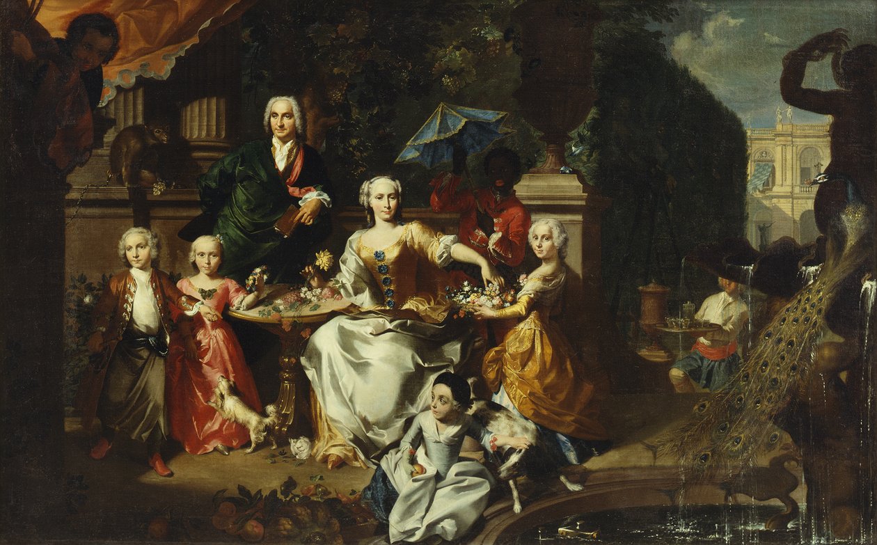 En familjegrupp på en terrass på tomten till en villa, möjligen George Jackson och hans familj, 1737 av Carl Marcus Tuscher