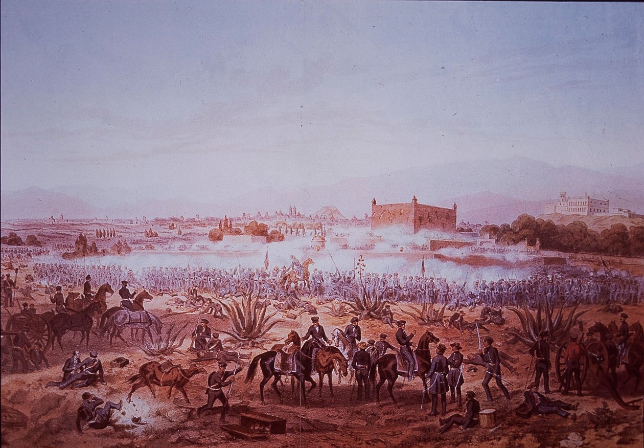 Mexikansk-amerikanska kriget (1846-48), slaget vid Molino del Rey, amerikanska trupper attackerar av Carl Nebel