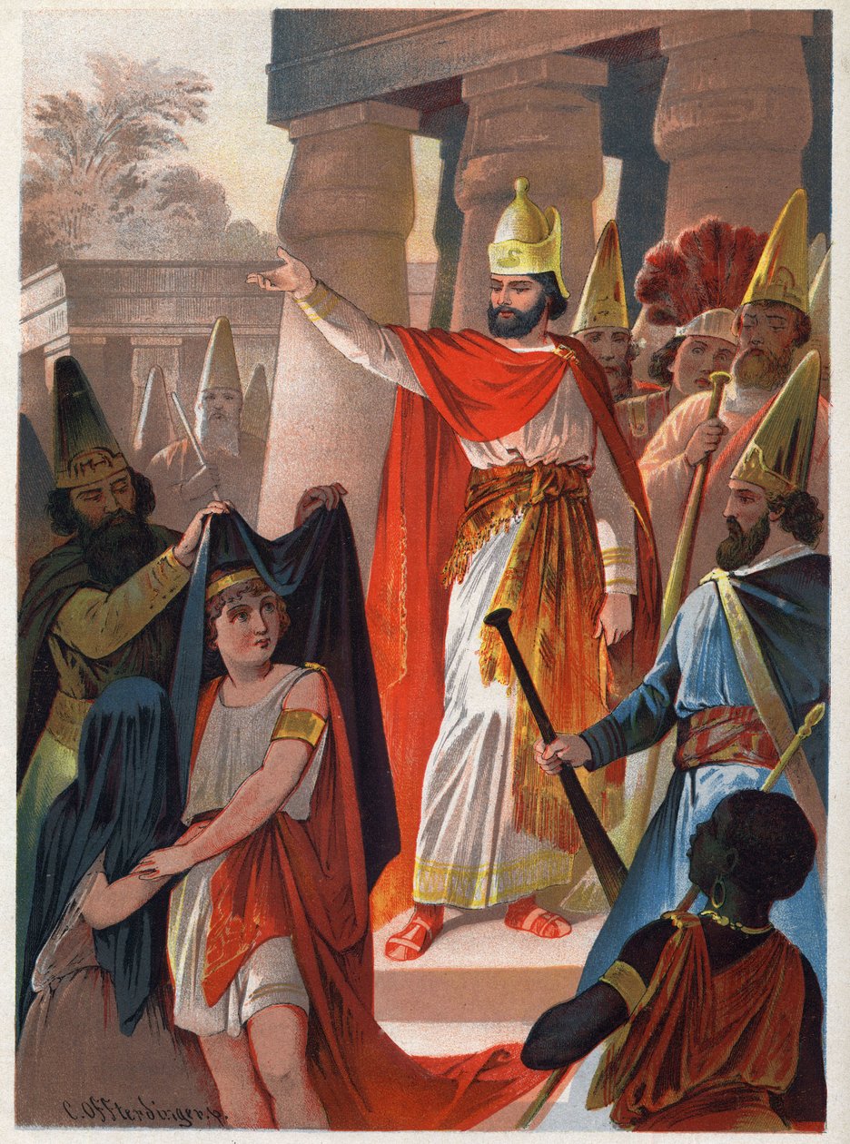 På en skylt av Sarastro sprider en präst stora svarta segel på prins Tamino och prinsessan Pamina Illustration av Carl Offterdinger (1829-1889) i "" Den förtrollade flöjten"" (Die Zauberflote, flauto magico, Trollflöjten). Privat samling. av Carl Offterdinger