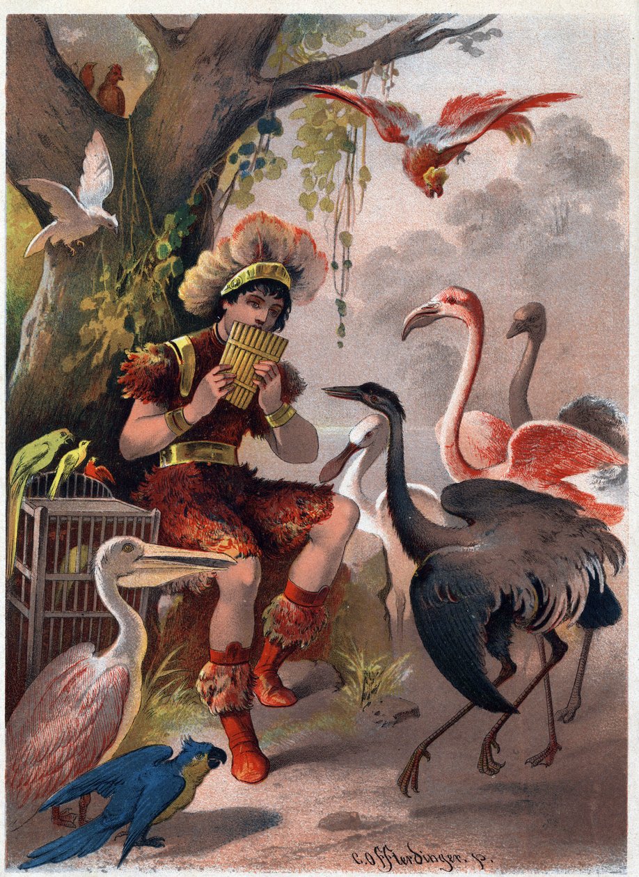 Papageno med panflöjt tar fåglarna från skogen. Illustration av Carl Offterdinger (1829-1889) i "" Den förtrollade flöjten"" (Die Zauberflote, flauto magico, Trollflöjten). Privat samling. av Carl Offterdinger