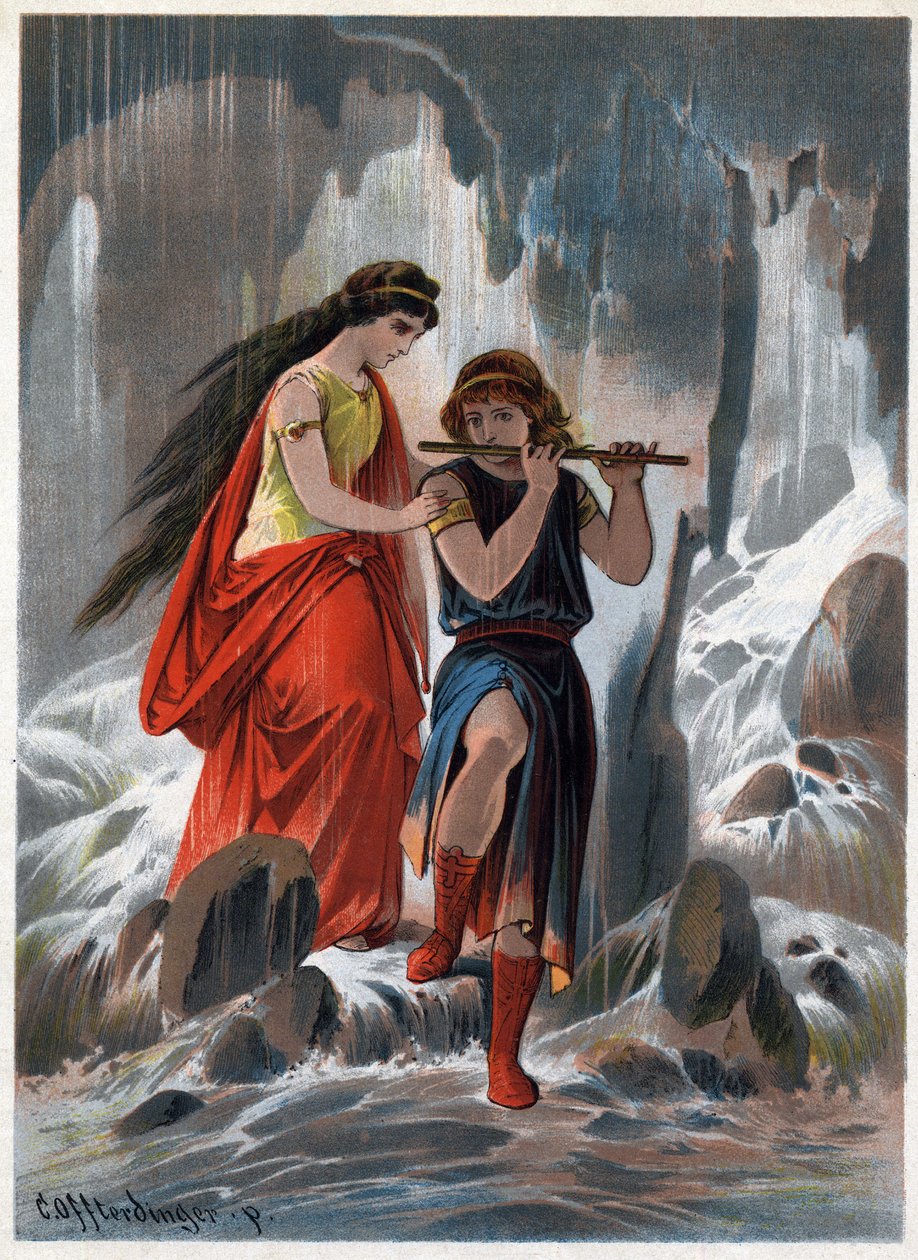 Prins Tamino och prinsessan Pamina korsade vattenstammarna som rann utan rädsla och prinsen fortsatte att spela flöjt. Illustration av Carl Offterdinger (1829-1889) i ””Den förtrollade flöjten””. (Die Zauberflote, flauto magico, Trollflöjten) Pri av Carl Offterdinger