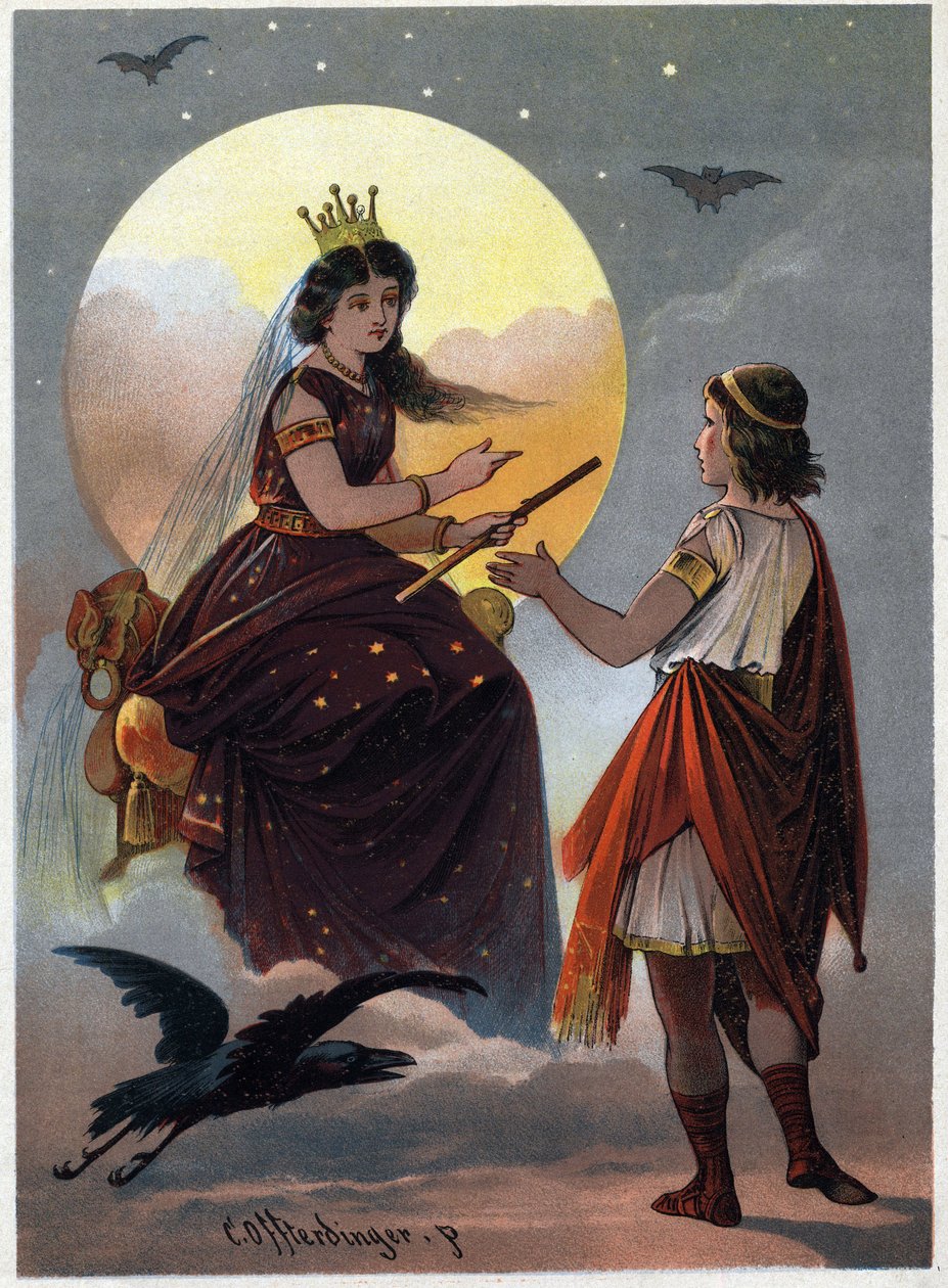Prins Tamino framför nattens förtrollande drottning och erbjuder sin dotter att gifta sig om han lyckas dra henne ur händerna på den grymma Sarastro. Illustration av Carl Offterdinger (1829-1889) i ””Den förtrollade flöjten””. (Die Zauberflote, f av Carl Offterdinger
