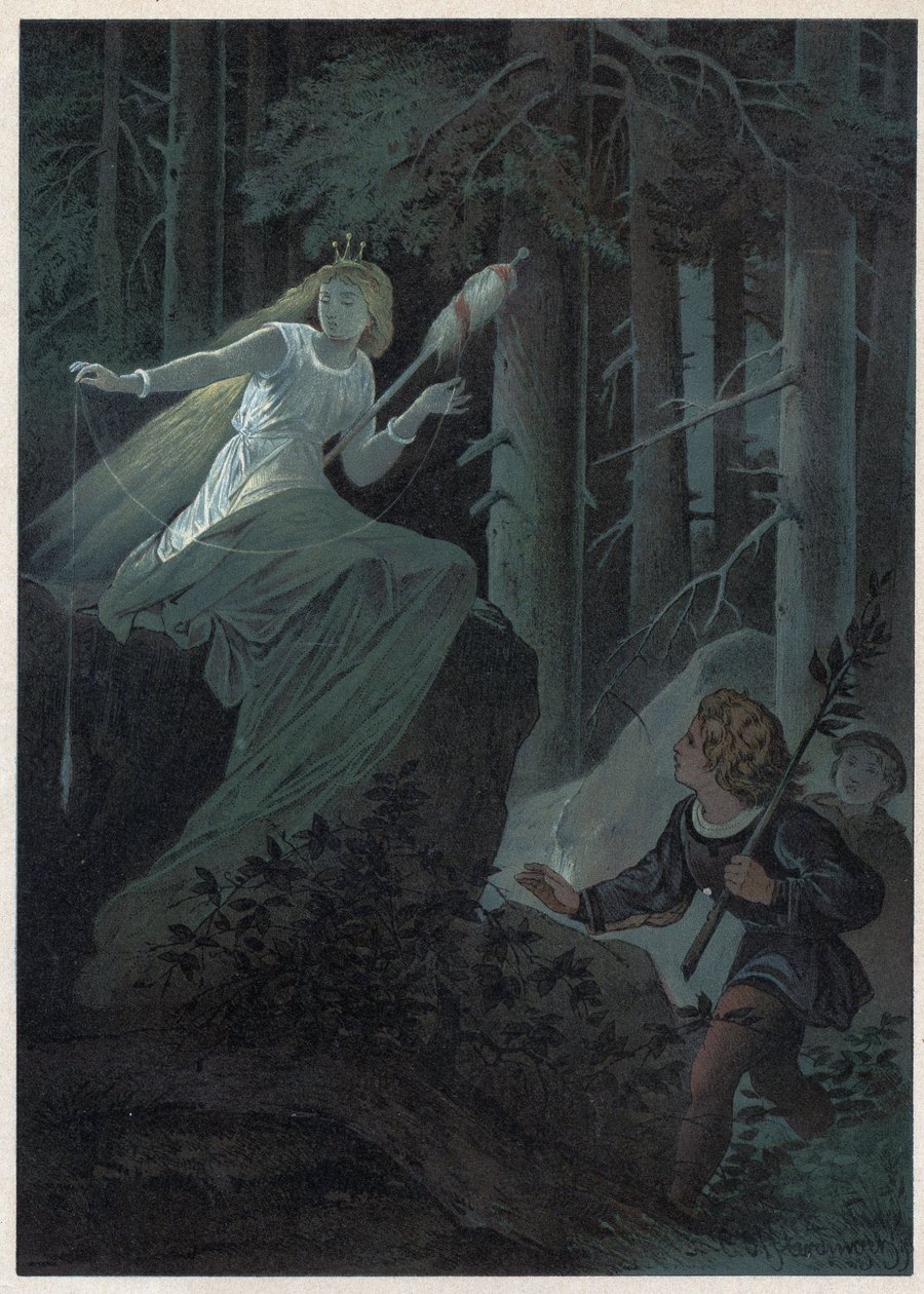 Avgiften som sprang iväg med en gyllene spindel sjöng ödet för en gyllene knapp. Illustration av Carl Offterdinger (1829-1889) i ”” Bouton d