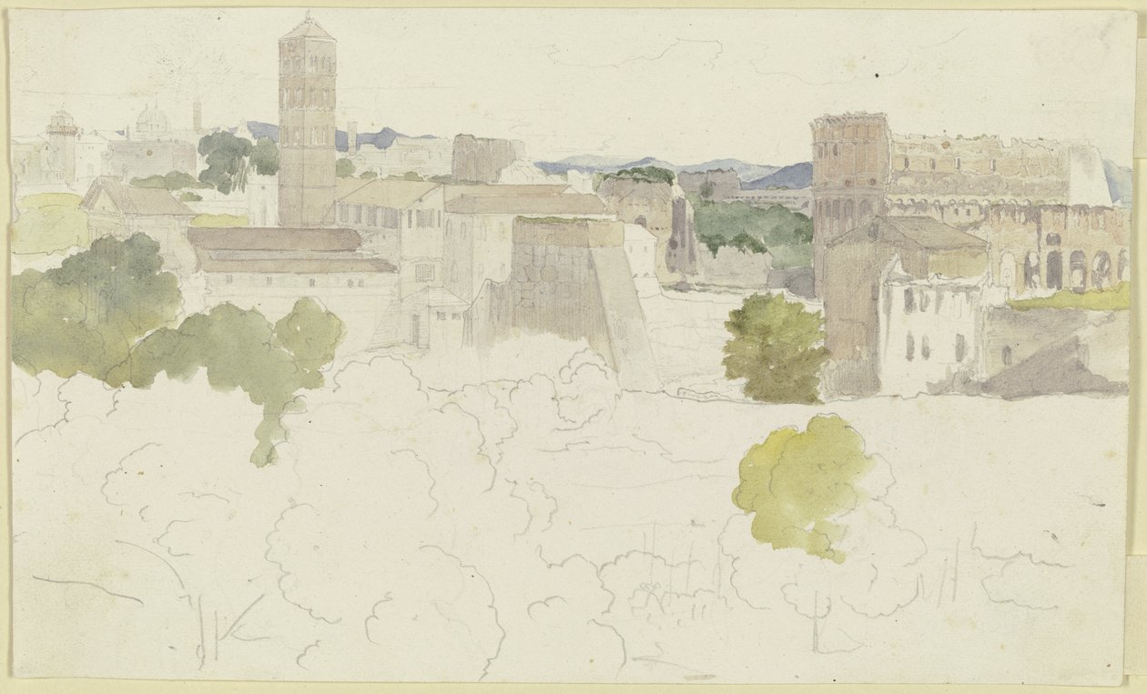 Utsikt över Rom med Colosseum till höger, berg i fjärran av Carl Philipp Fohr