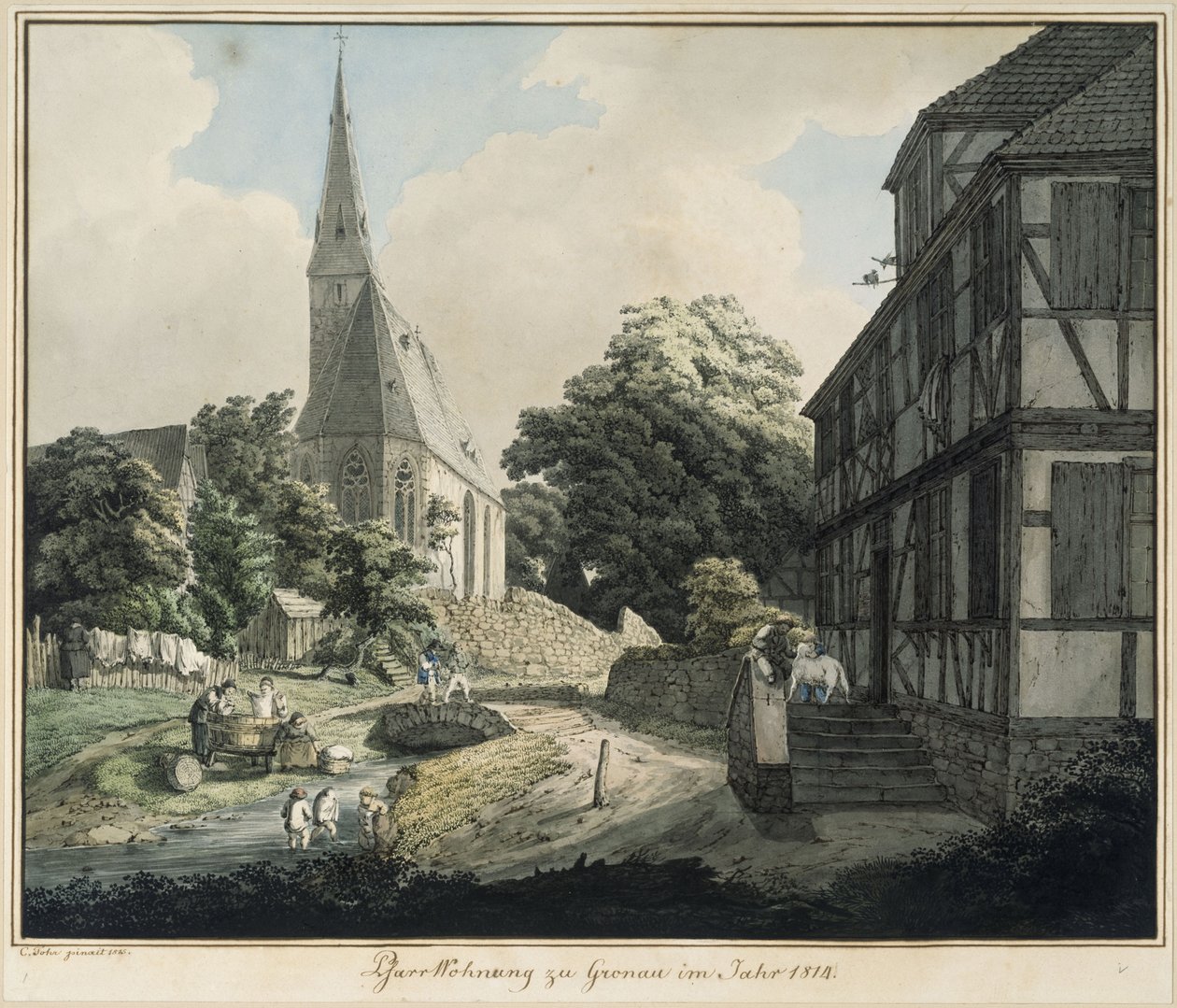 Prästgården och kyrkan i Gronau år 1814 av Carl Philipp Fohr