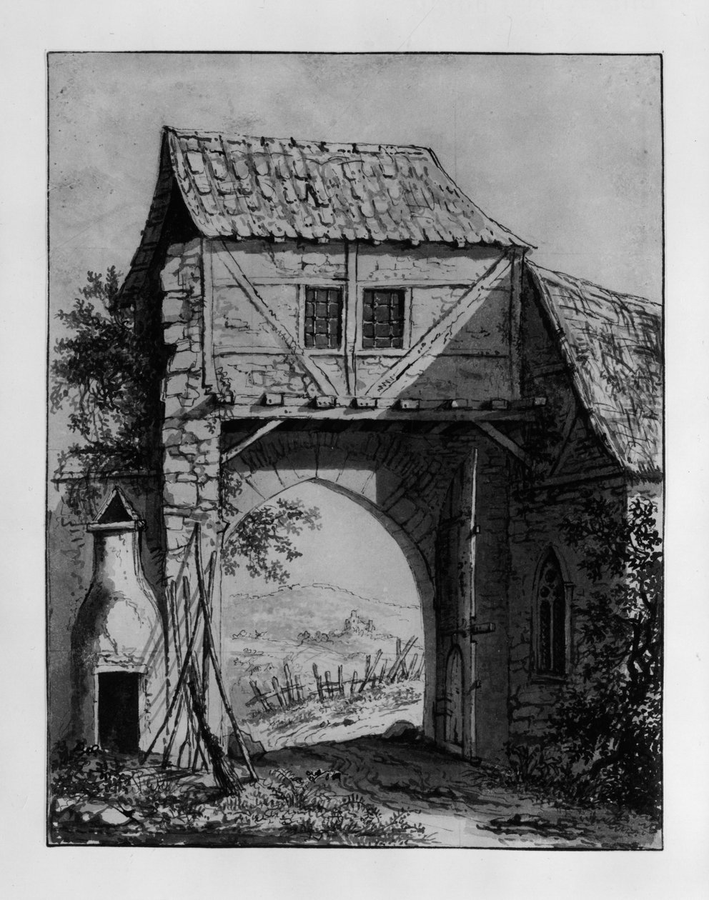 Portbyggnad med utsikt över ett landskap med ruin av Carl Philipp Fohr