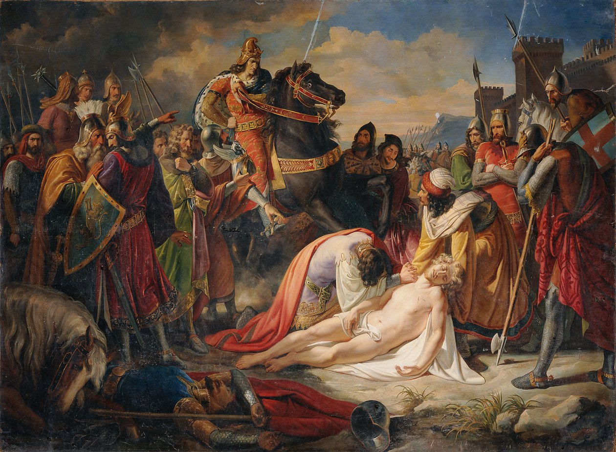 1266 年 2 月 26 日、1838 年スウェーデンのベネベントの戦いの後、マンフレッドの遺体をめぐるアンジューのチャールズ 1 世 av Carl Rahl