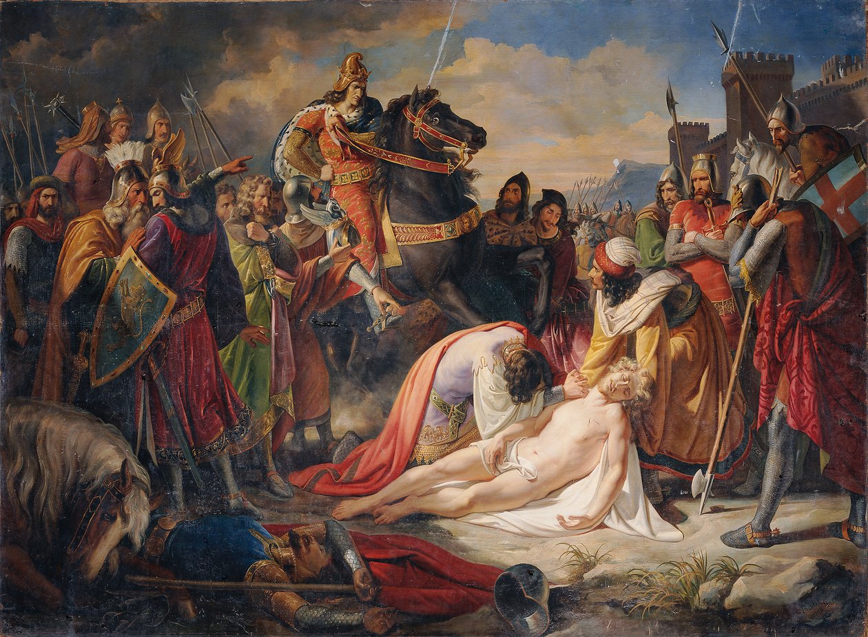 Karl I av Anjou på Manfreds kropp efter slaget vid Benevento den 26 februari 1266 av Carl Rahl