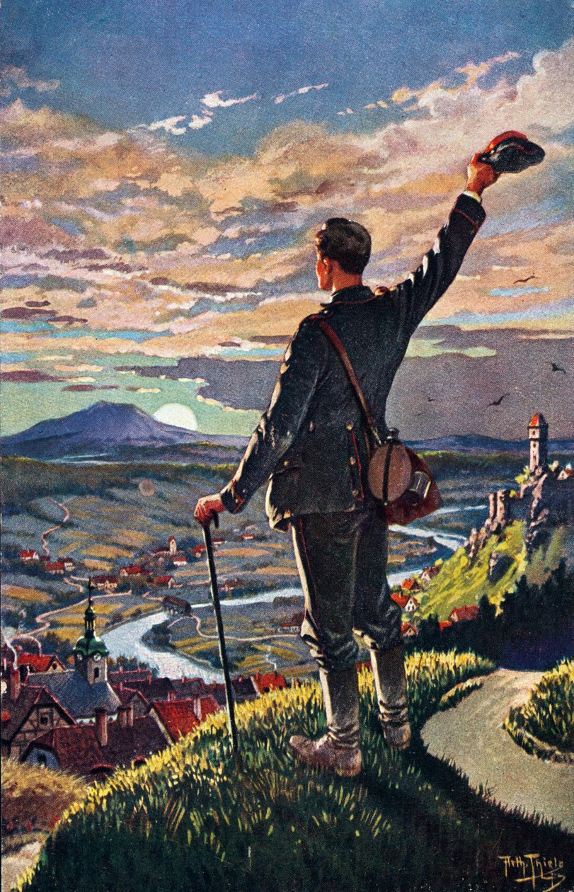 SOLDATEN ÅTERKOMMANDE TILL HEM - illustration av Carl Robert Arthur Thiele 1860-1936 av Carl Robert Arthur Thiele