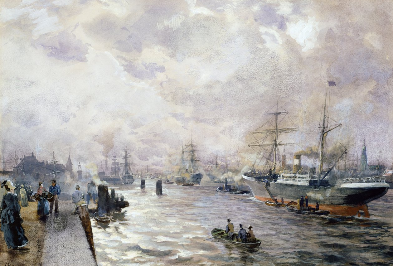 Segelfartyg i hamnen i Hamburg, 1889 (wc och gouache på papper) av Carl Rodeck