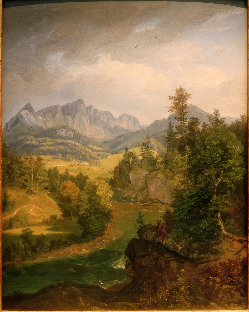 Berglandskap med en flod nära Berchtesgaden av Carl Rottmann