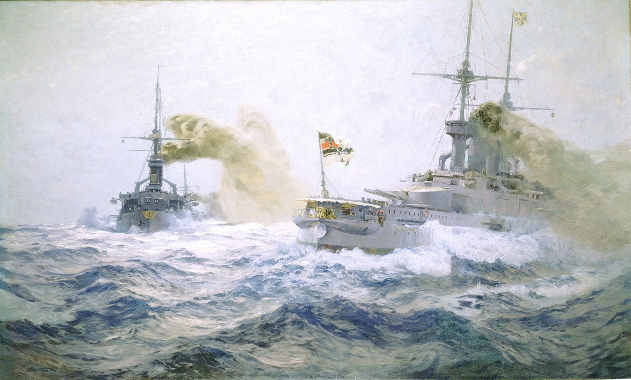 Tyska flottans manövrer på öppet hav, ca 1900 (olja på duk) av Carl Saltzmann