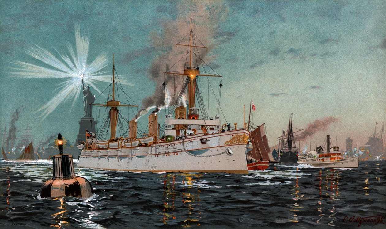 Kejsarinnan Augusta lämnar New York, kromo-litografi av C. Saltzmann 95, nr13 från G. Wislicenus, Unsre Kriegsmarine. av Carl Saltzmann