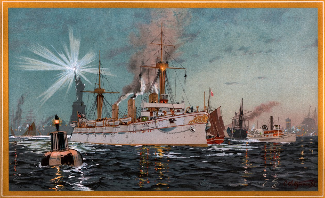 Kejsarinnan Augusta lämnar New York, kromolitografi av C. Saltzmann 95, nr13 från G. Wislicenus, Unsre Kriegsflotte av Carl Saltzmann