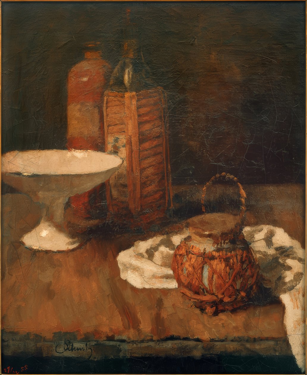 Stilleben med en marasquinoflaska och skål av Carl Schuch