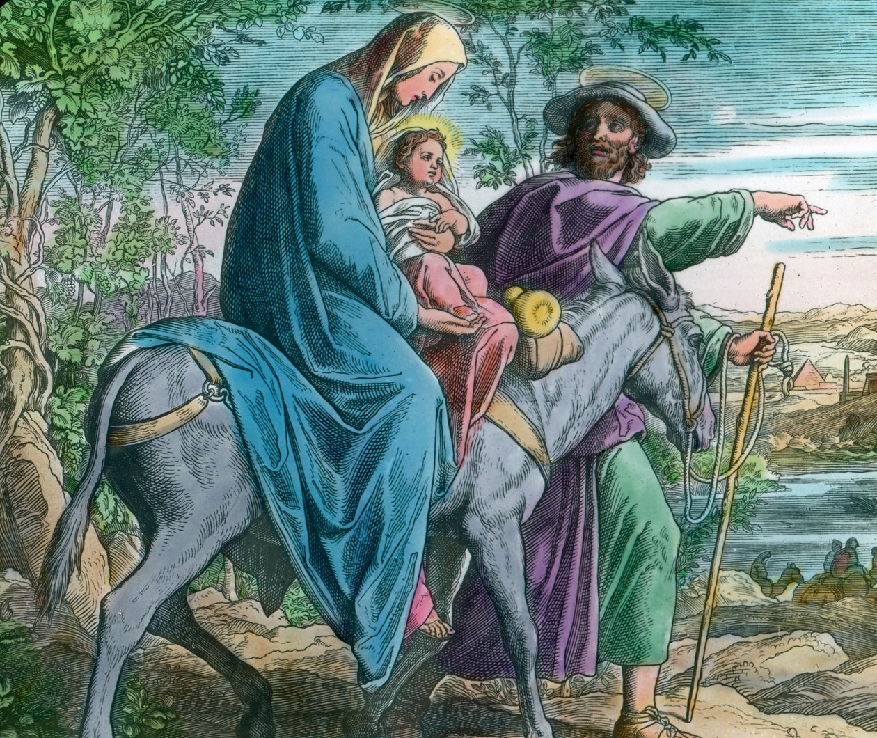 Flykten till Egypten. Biblisk illustration (odaterad) av den tyske målaren Julius Schnorr von Carolsfeld (1794 - 1872). Bilddatum: ca 1900. Carl Simon-arkivet av Carl Simon