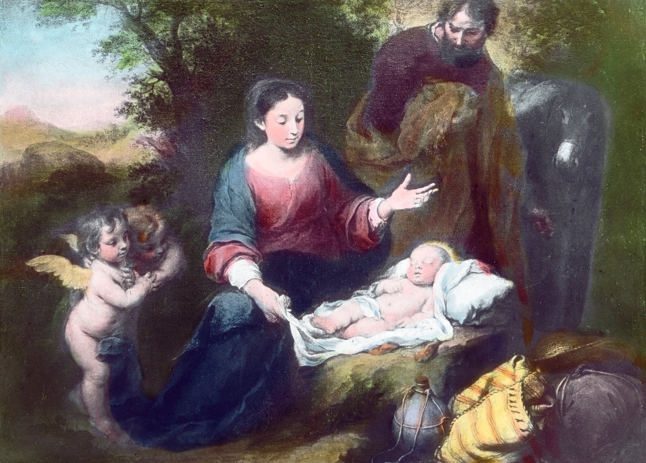Det sovande Jesusbarnet med änglar, Maria och Josef. Målning (odaterad) av den spanske barockmålaren Bartolome Esteban Murillo (1617 - 1682). Bilddatum: ca 1900. Carl Simon-arkivet av Carl Simon