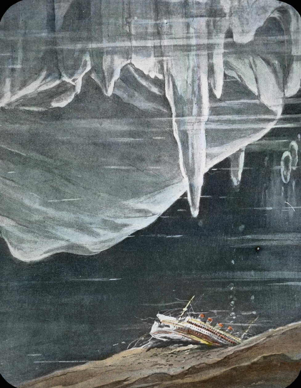 Titanics jungfruresa 1912, Titanic-katastrofen, illustration, Titanics förlisning, historia, historisk, illustration, Carl Simon, handkolorerad glasskiva av Carl Simon