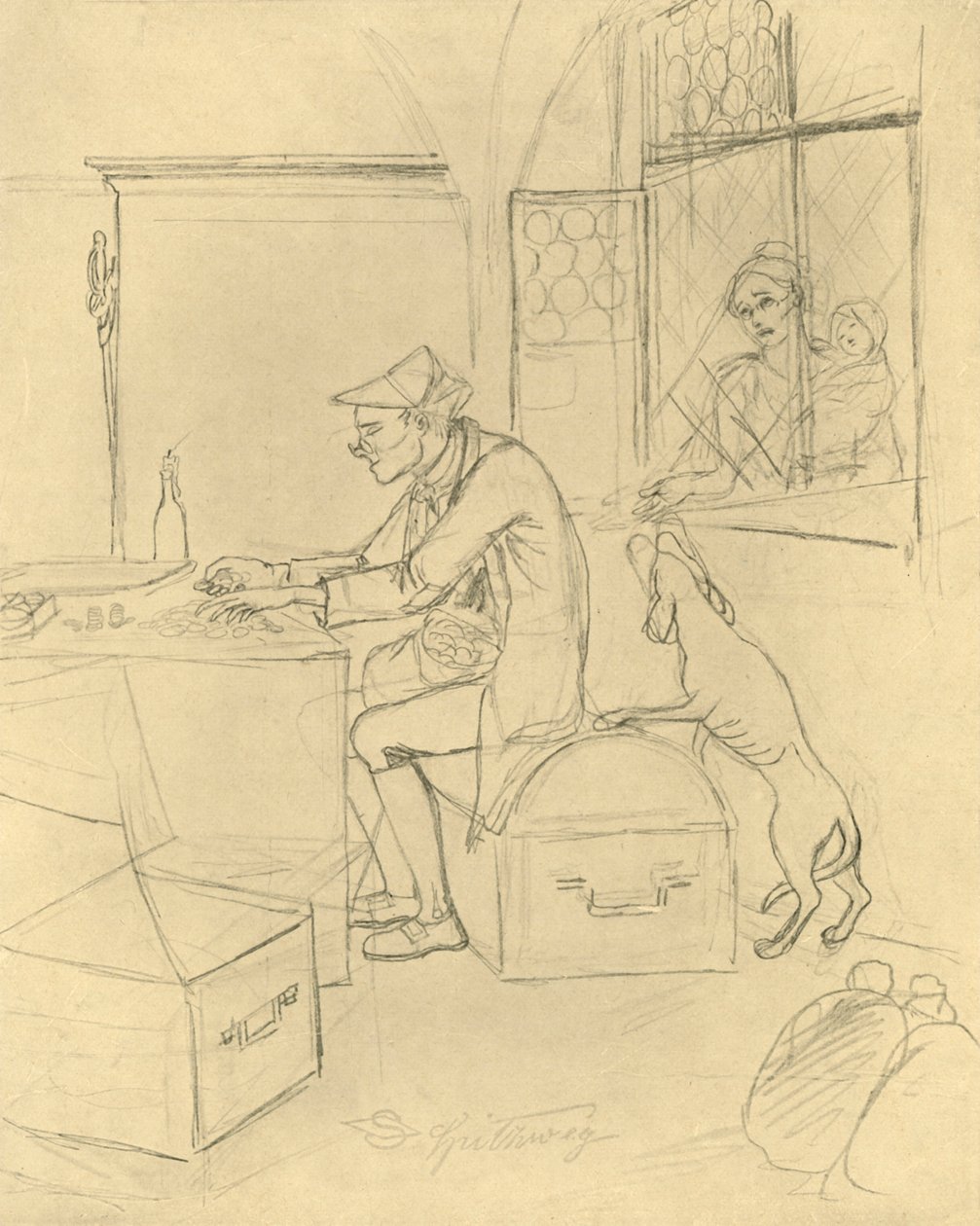 The Miser, mitten av slutet av 1800-talet, c1924. av Carl Spitzweg