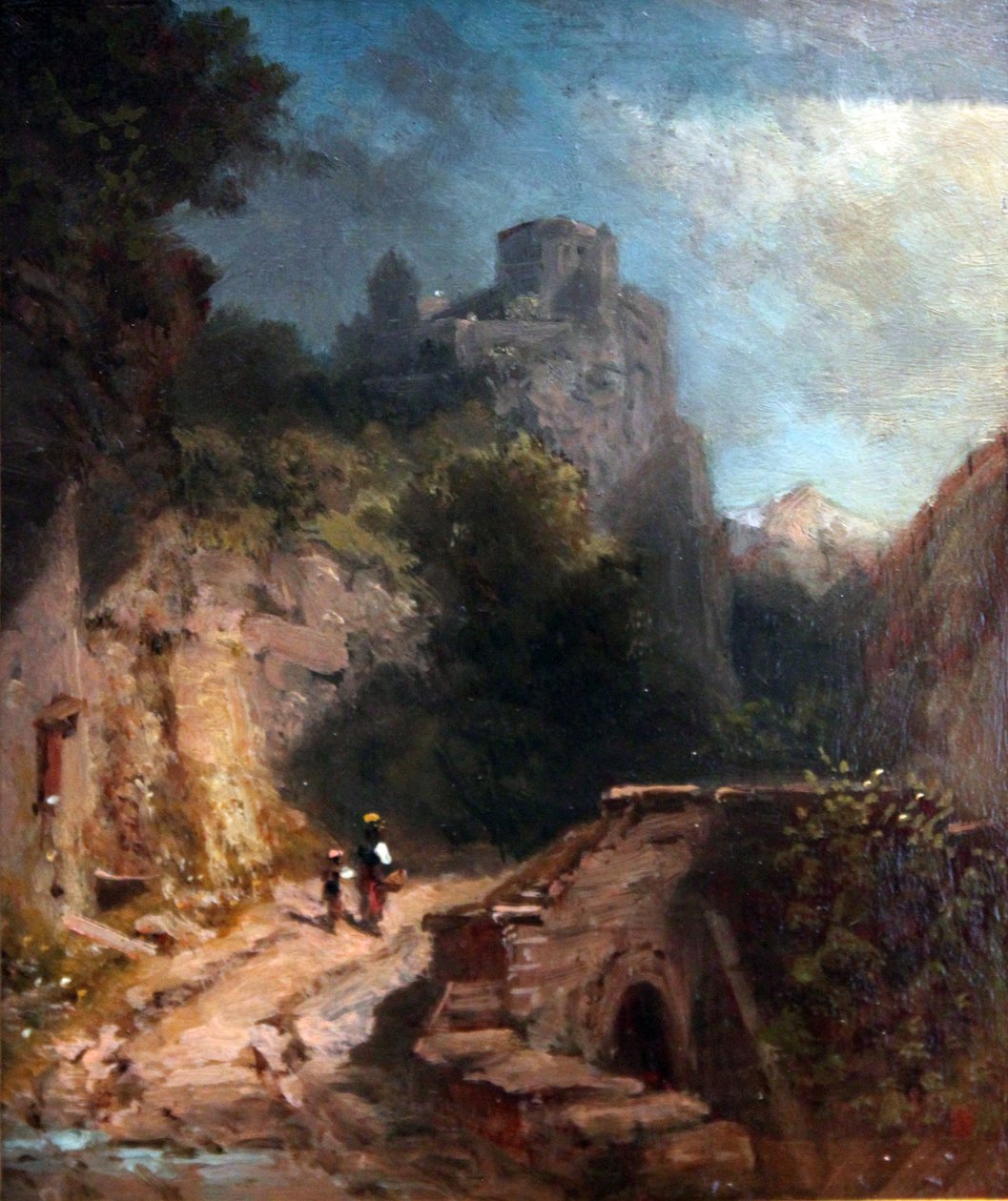 Gebirgslandschaft mit Brücke und Burg av Carl Spitzweg