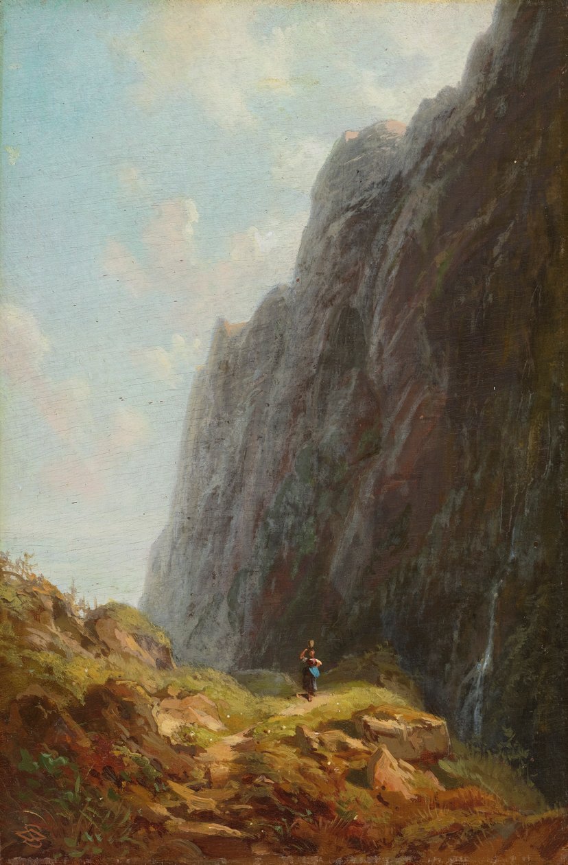 Gebirgslandschaft mit Sennerin im Wendelsteingebiet av Carl Spitzweg