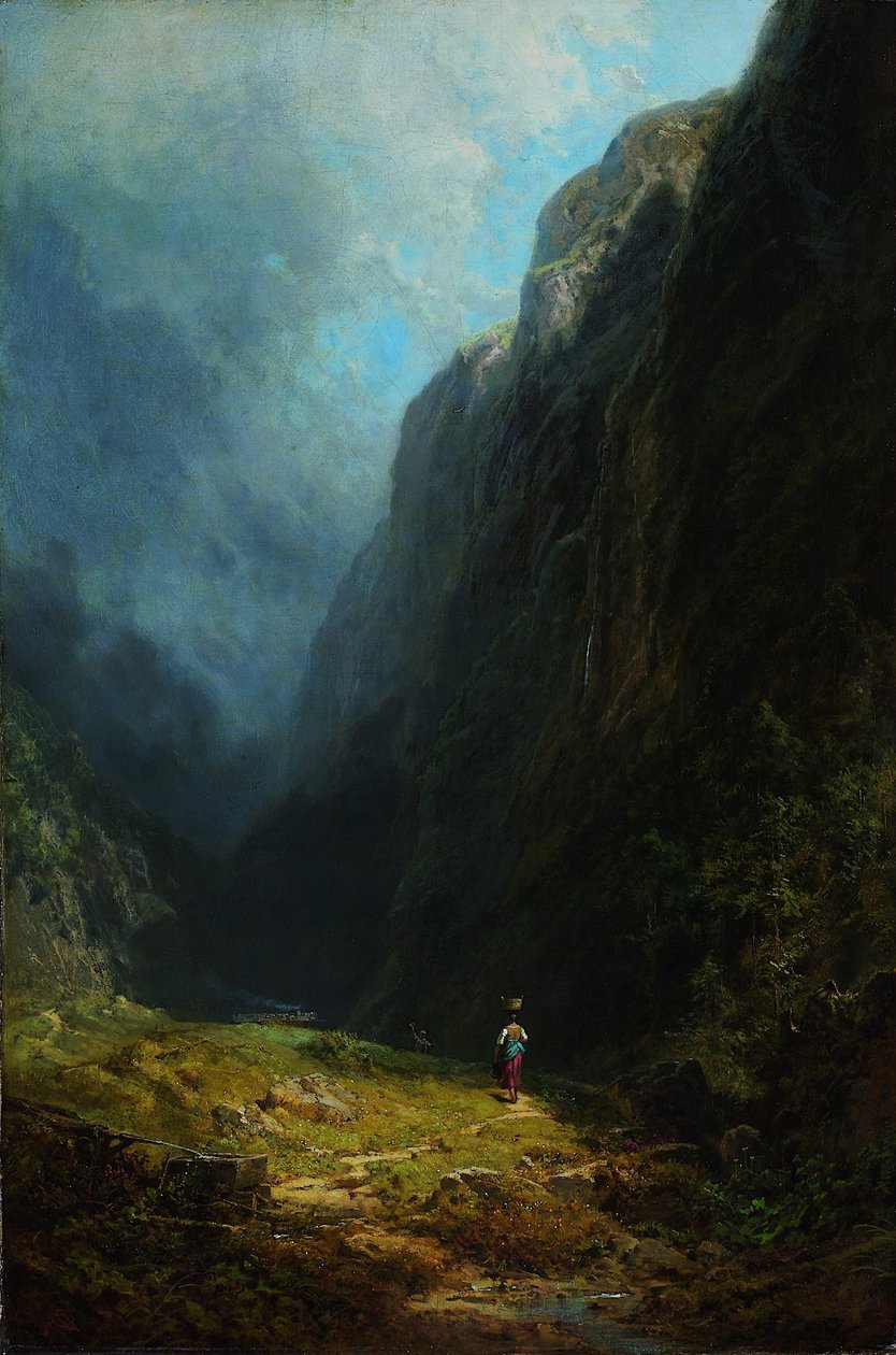 I det alpina höga dallandskapet med berget Wendelstein, ca. 1871 av Carl Spitzweg