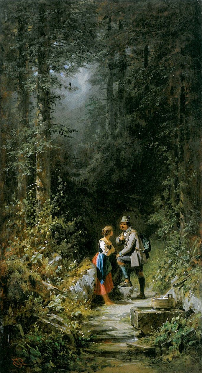 Jäger und Sennerin am Waldbrunnen av Carl Spitzweg
