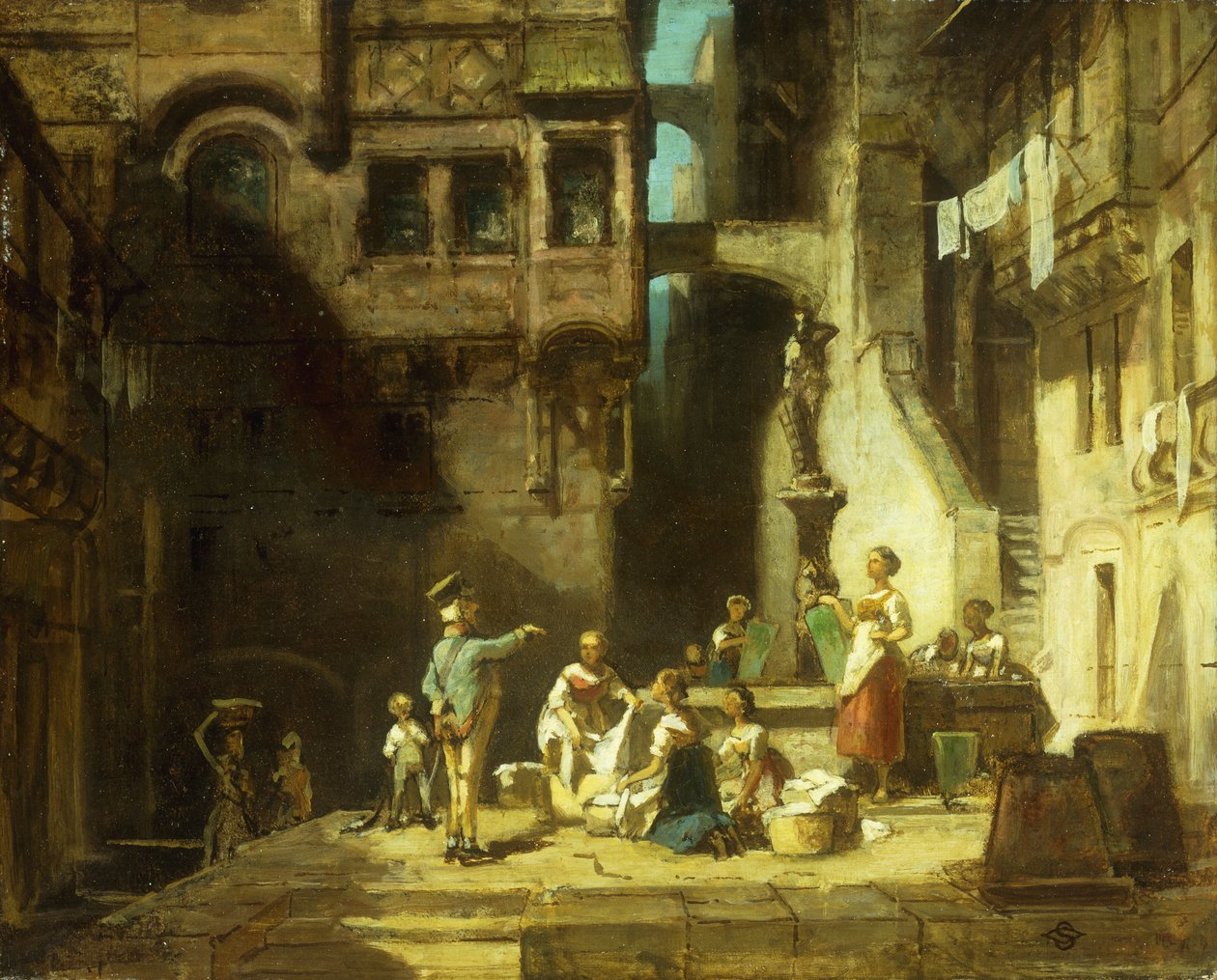Tvättkvinnor vid brunnen; Tvättkvinnor vid brunnen, ca 1860 av Carl Spitzweg