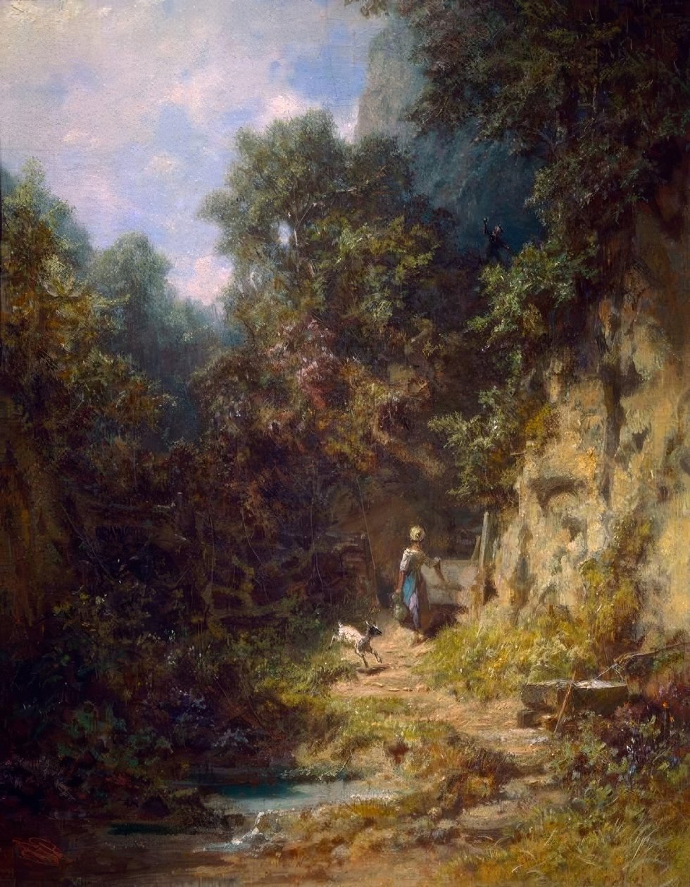 Flicka med en get, som en jägare vinkar till av Carl Spitzweg