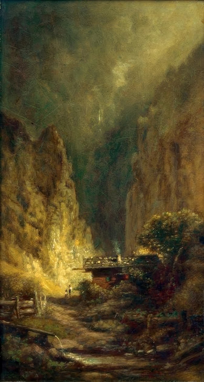Kvarn framför en klippig klyfta med två figurer av Carl Spitzweg