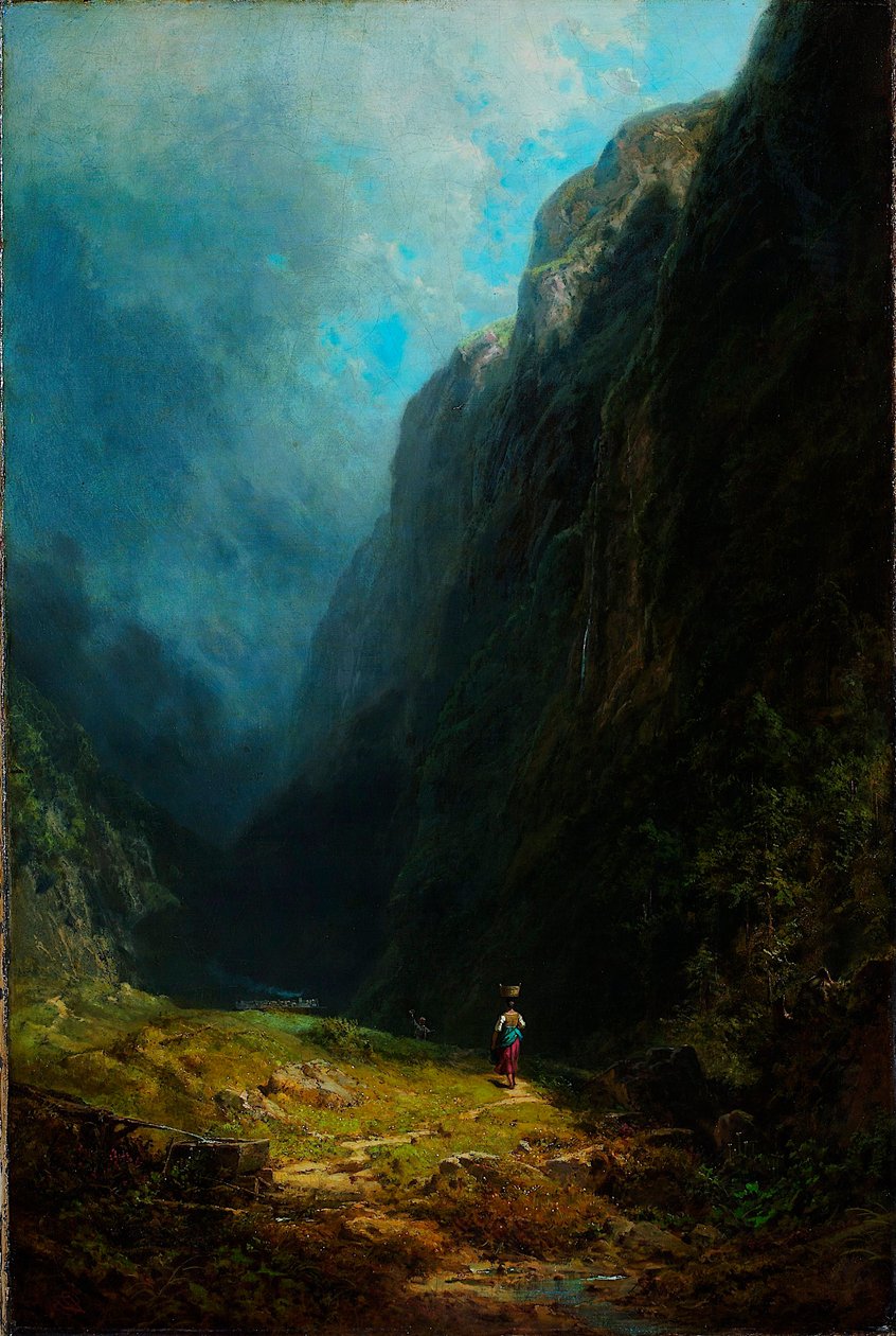""Paysage de haute vallee alpine"" Vue du mont Wendelstein Allemagne (I det alpina höga dalens landskap med Mt Wendelstein) Peinture de Carl Spitzweg (1808-1885) Olja på duk vers 1871 Dim 88,5x59 cm Museum Kunstpalast, Dusseldorf av Carl Spitzweg