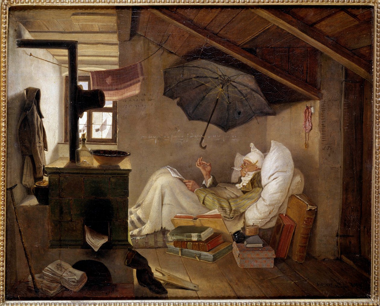 Stackars poet En gammal man ligger på en vind. Målning av Carl Spitzweg (1808-1885) 1839. Dim. 0,36 X 0,44 m Berlin, Altes Museum, Tyskland - Den fattige poeten. En gammal man sängliggande på en vind. Målning av Carl Spitzweg (1808-1885) av Carl Spitzweg