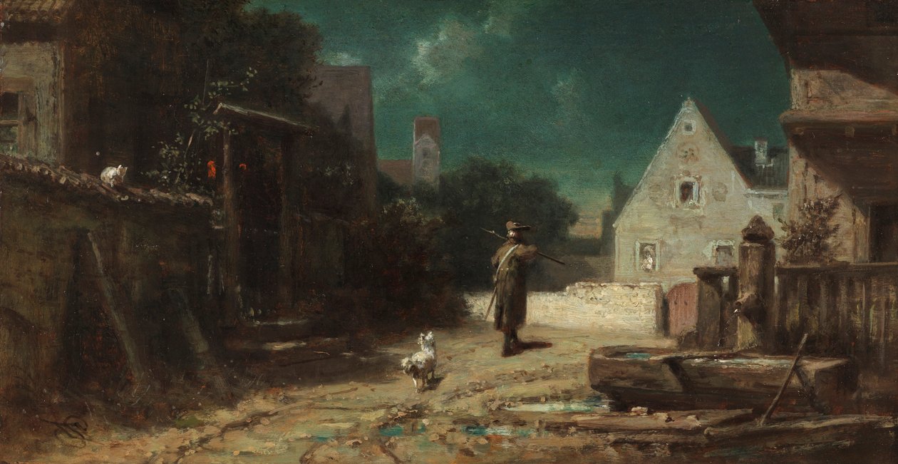 Nattväktaren Nattväktare vid månsken, eller Hund och katt, ca. 1870. av Carl Spitzweg