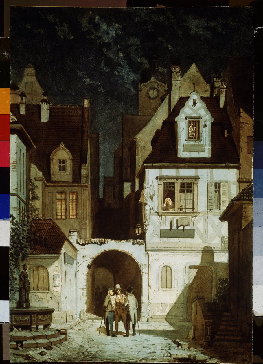 Ett hörn av en tysk stad vid månsken. Målning av Carl Spitzweg (1808-1885). Akvarell på papper, 68,5 x 46,5 cm. Tysk konst från 1800-talet. Pushkin Museum of Fine Arts, Moskva. av Carl Spitzweg