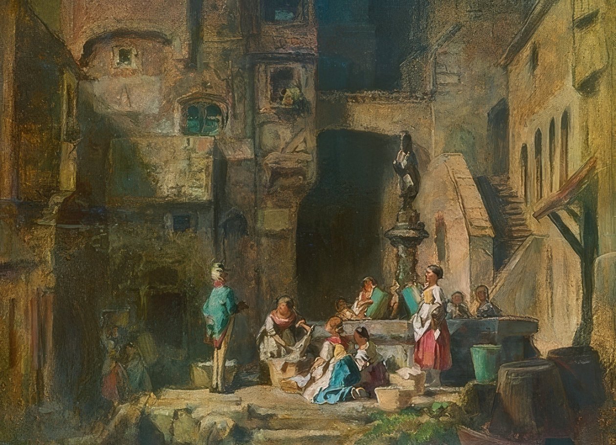 Tvättkvinnor vid brunnen. Omkring 1882 av Carl Spitzweg