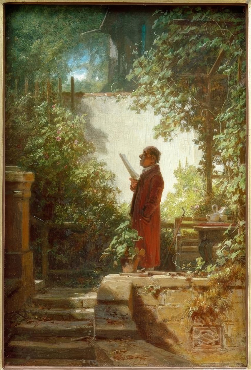 Tidningsläsare i husets trädgård av Carl Spitzweg