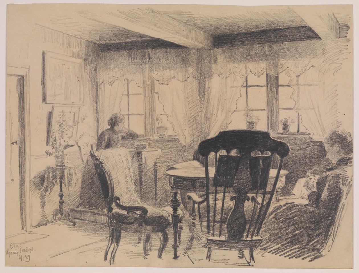 Hjarup prästgård. Vardagsrum med två sydamer av Carl Thomsen