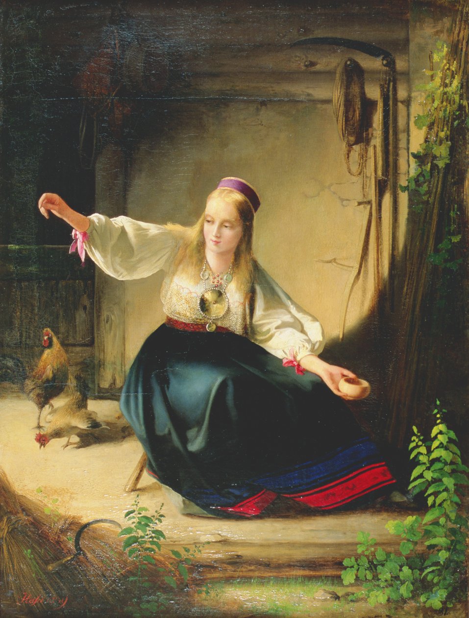 En flicka som matar höns, 1839 av Carl Timoleon von Neff