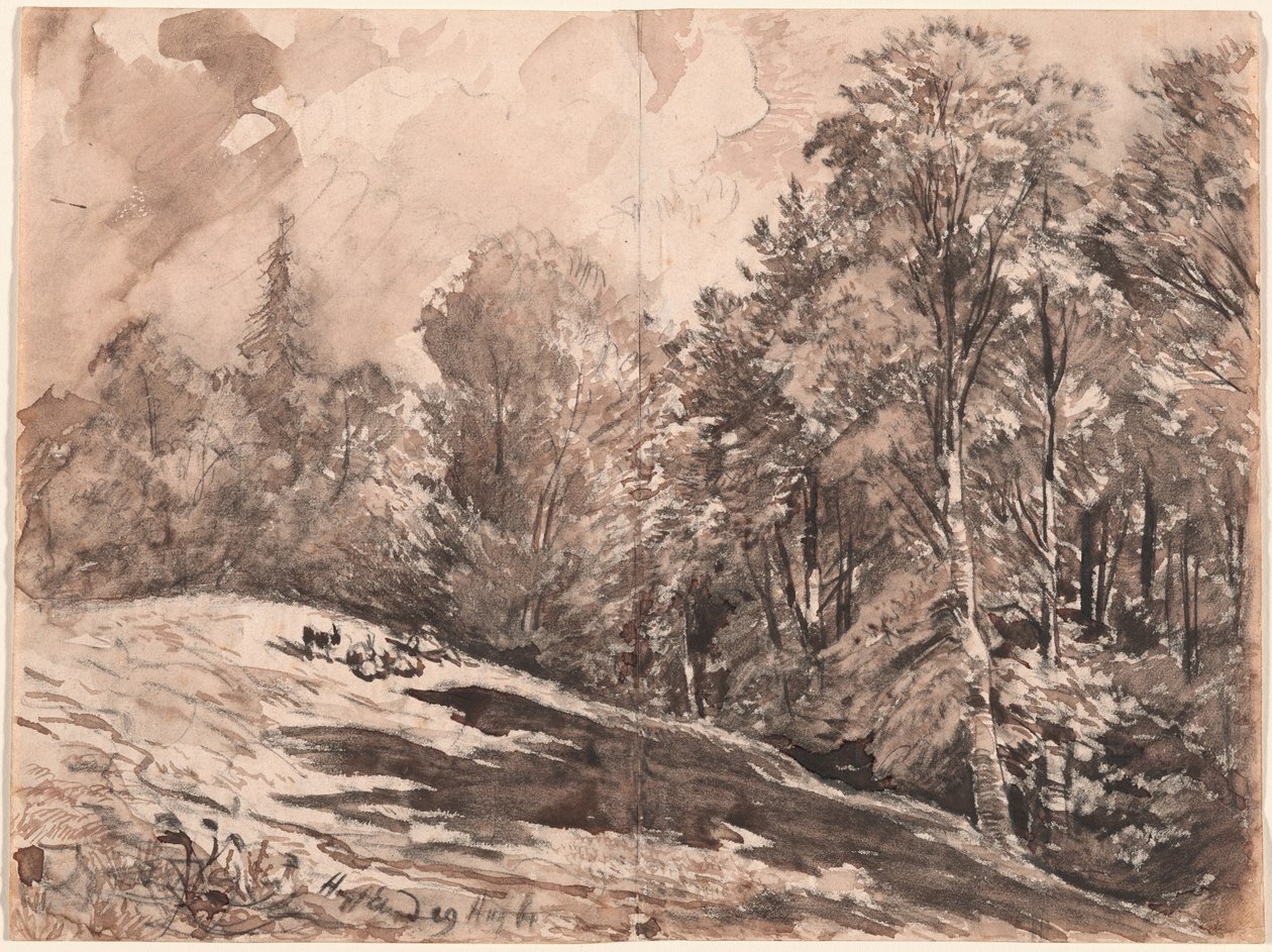 En äng med en herde och getter i kanten av en skog av Carl Wagner