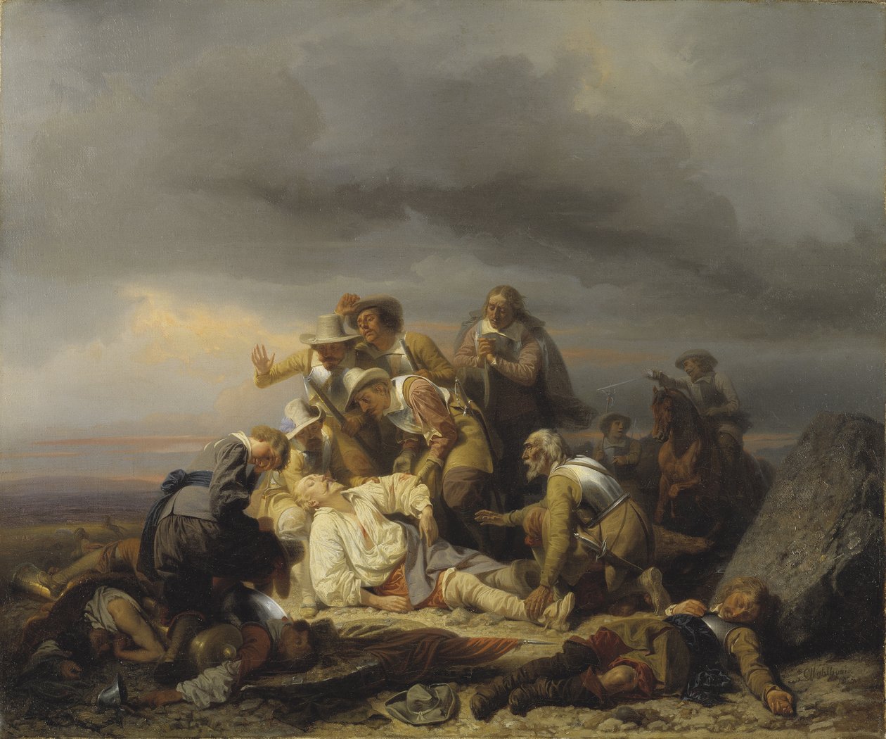 Hitta kroppen av kung Gustav II Adolf av Sverige (1594-1632) känd som Nordens store eller lejonet, som dog i slaget vid Lutzen, 6 november 1632 - Hitta kroppen av kung Gustav II Adolf av Sverige efter slaget vid Luetze, av Wahlbom, Carl (1810- av Carl Wahlbom