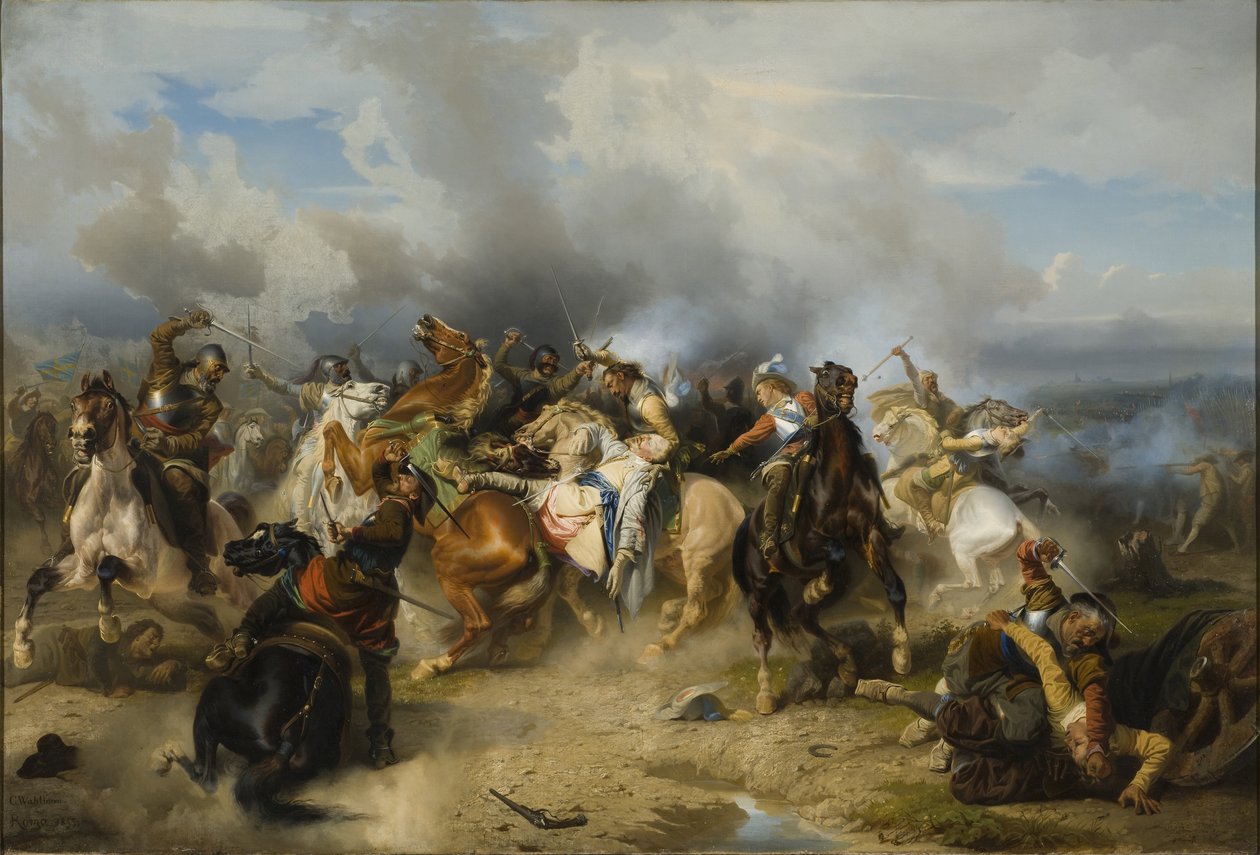 Kung Gustav II Adolfs död av Sverige (1594-1632) sade Nordens store eller lejon i slaget vid Luetzen den 6 november 1632 - Sveriges kung Gustav II Adolfs död i slaget vid Luetzen den 6 november 1632, av Wahlbom, Carl (1810-1858). Olja på av Carl Wahlbom