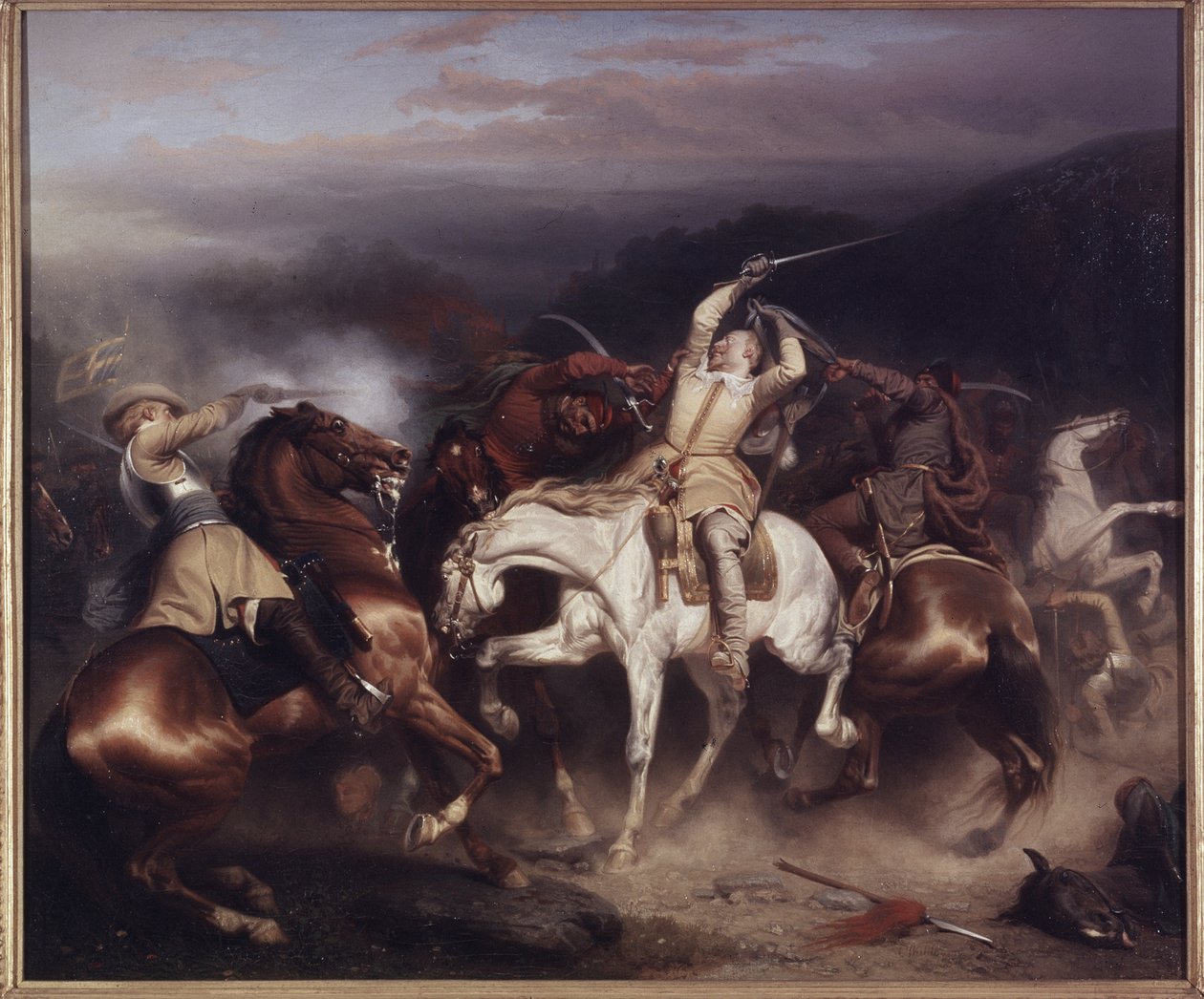 Kung Gustav II Adolf av Sverige, känd som det store eller norra lejonet, vid slaget vid Trzciana (eller slaget vid Honigfelde eller Sztum) juni 1629 - kung Gustav II Adolf av Sverige (1594-1632) vid Stuhm, av Wahlbom , Karl (1810-1858). olja på duk av Carl Wahlbom