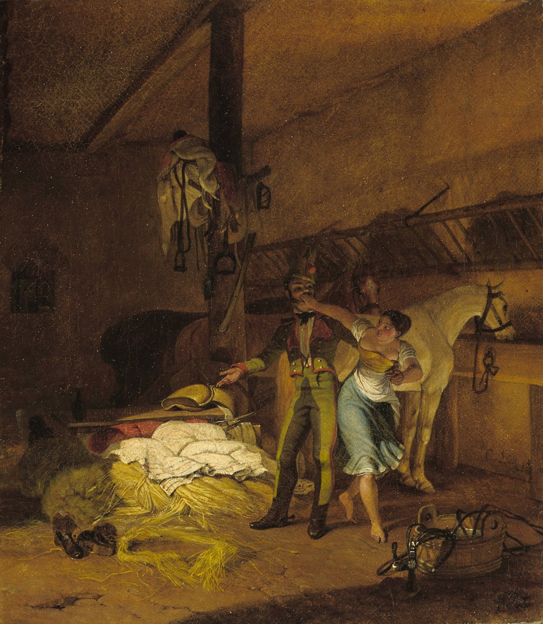 En chevauxleger flirtar med en hembiträde av Carl Wilhelm Freiherr von Heideck