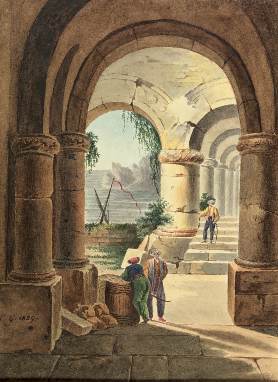 Utsikt över havet genom ett kloster, 1829 (wc på kartong) av Carl Wilhelm Goetzloff