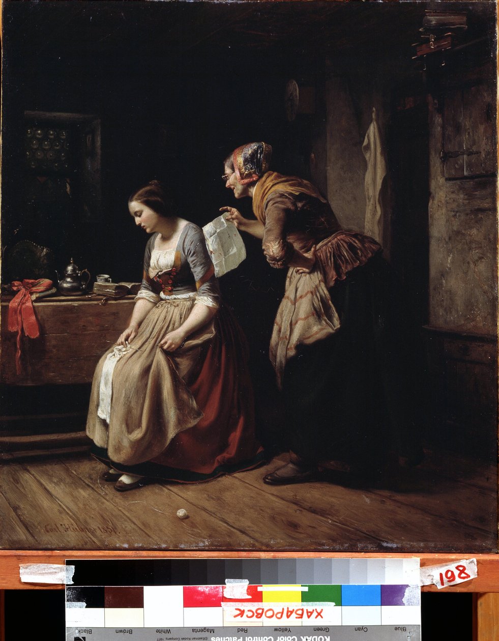""Brevet"" (Ett brev) En tjänare kommer med ett brev till en ung flicka i förtvivlan. Målning av Carl Wilhelm Hubner (1814-1879) 1800-talets Fjärran Österns konstmuseum, Khabarovsk, Ryssland av Carl Wilhelm Hübner