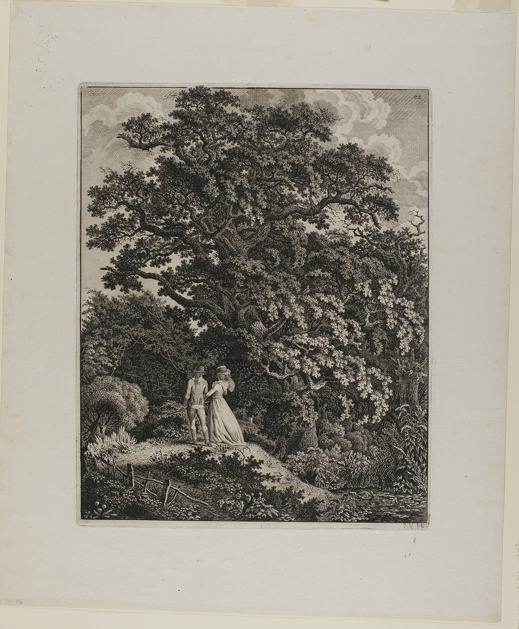 Skogslandskap med ett elegant par som går under en ek av Carl Wilhelm Kolbe, the elder