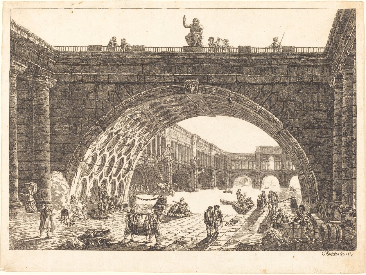 Arkitektonisk fantasi om en monumental hamn av Carl Wilhelm Weisbrod after Hubert Robert